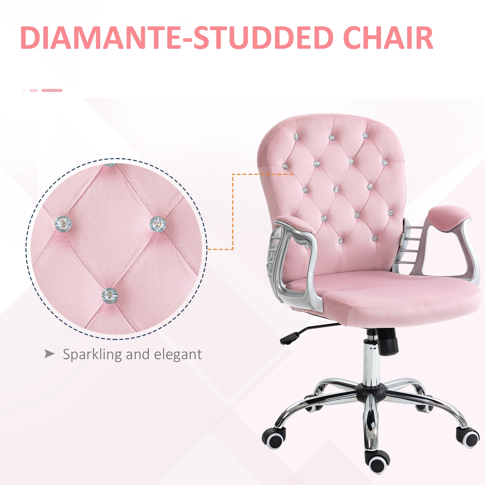 Vinsetto Velvet Office Chair, Button Tufted Desk Chair with Armrests, Pink