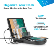 Techsmarter 5-Port USB Fast Charging Station for Multiple Devices with Wireless Charger Pad for iPhone 12, SE, 11, XR, XS, X, 8 Samsung S21, S20, S10, S9, S8, LG ThinQ, Androids, Motorola and More
