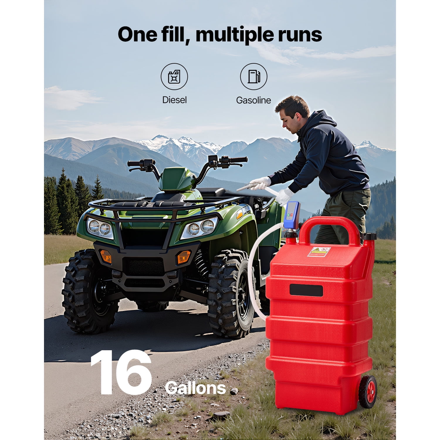 KFFKFF Fuel Carrier, 16-Gallon Capacity, Mobile Fuel Container with 12V DC 2.5 GPM Electric Fuel Circulation Pump, 4 ft Dispensing Hose & Auto-Halt Sensor Nozzle, Tank Connectors