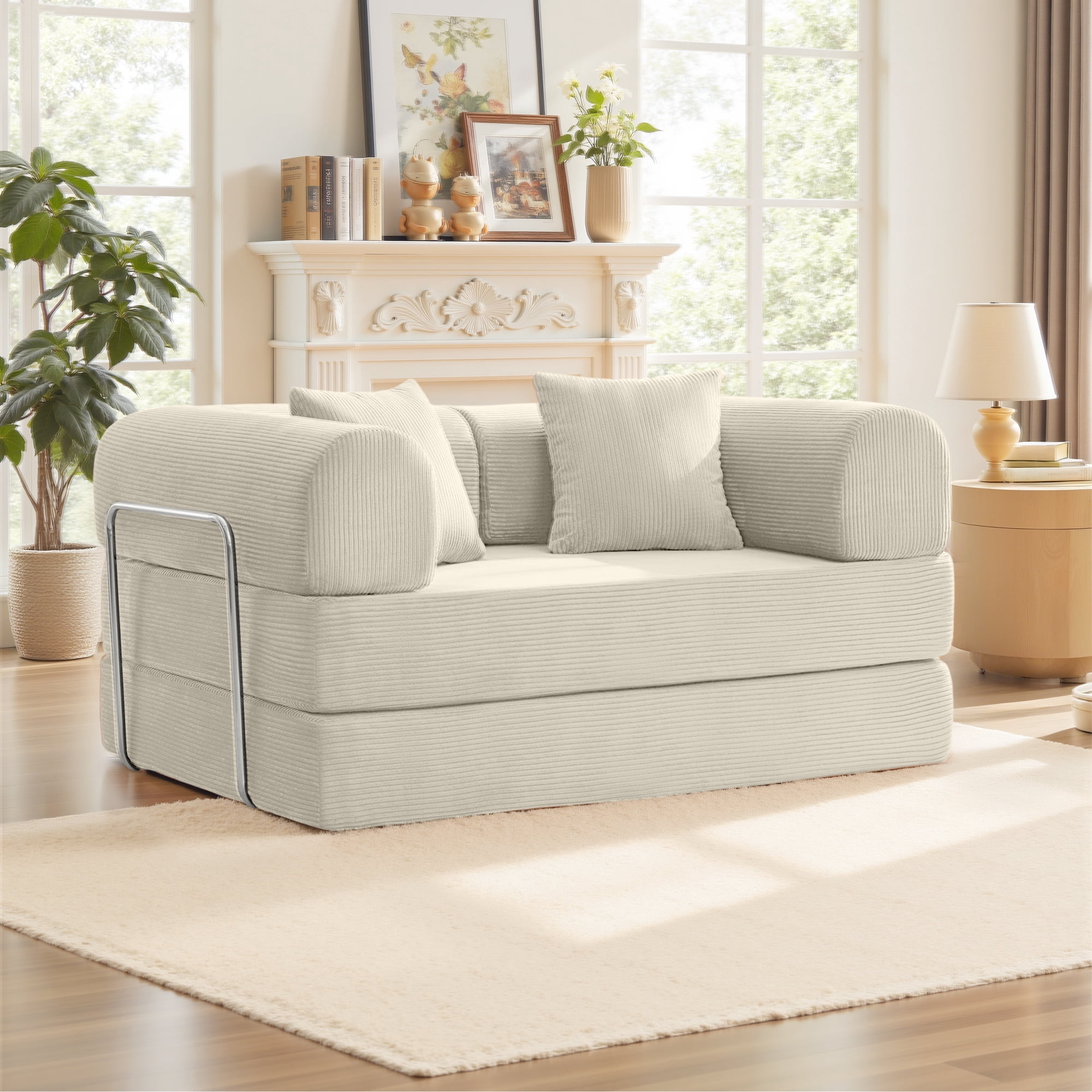 COOLHUT 63" W Combination Sofa, High Rebound Density Foam Sofa Couch, Two Forms Floor Couch Three Seats Sofa Bed for Living Room, Bedroom, Beige