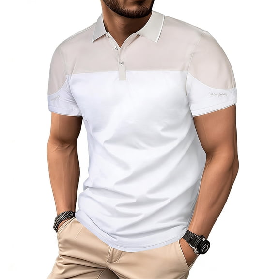 LMOIPLI Men's Patchwork Collared Shirts Golf Shirt Short Sleeve Color Block Summer T shirt Classic Business Casual Tees White XXL