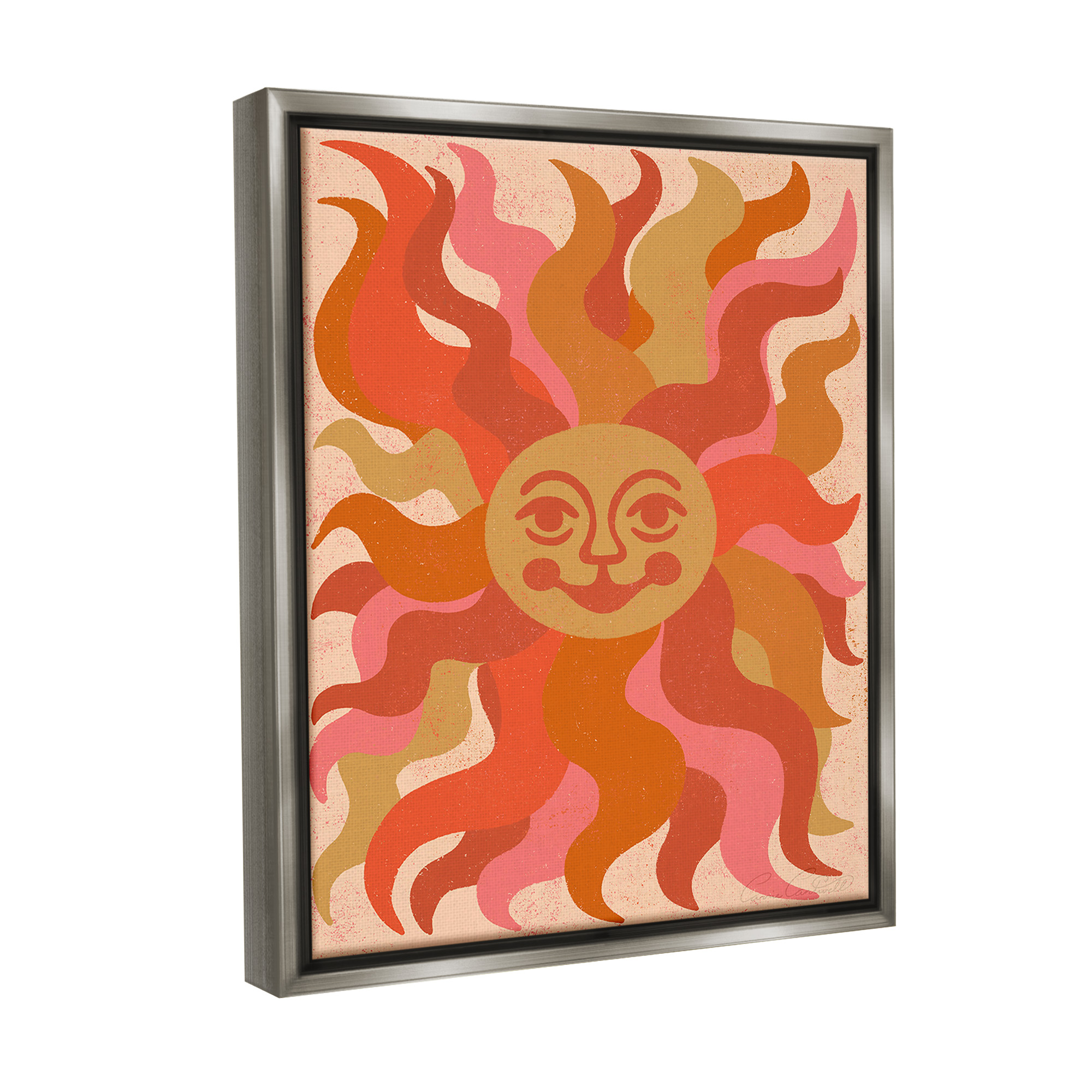 Stupell Industries Celestial Smiling Sun Landscape Painting Gray Floater Framed Canvas Art Print Wall Art, 25 x 31