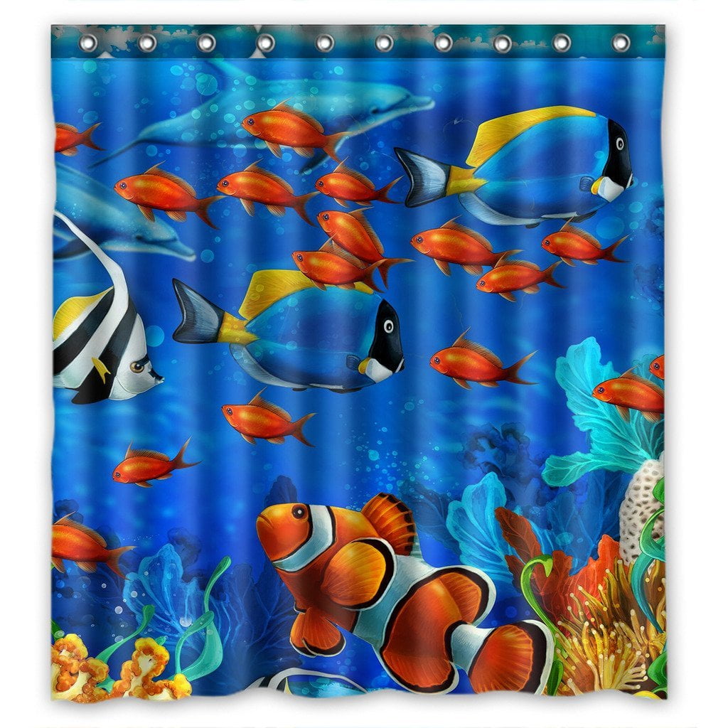 Turtle Underwater Shower Curtain Ocean Tropical Sea Coral Fish Colorful Nautical