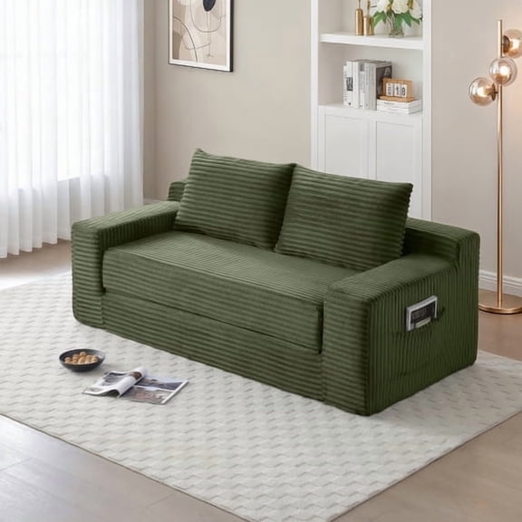 Memory Foam Cloud Loveseat Sofa, 2-in-1 Convertible Couch Bed, No Assembly Compressed Floor Lounge, Corduroy Fabric, For Apartment Office Bedroom Living Room, Green