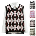 thumbnail image 4 of Women's Fashion Diamond Plaid Sleeveless V-Neck Loose Knitted Sweater Vest, Student College Style for Casual Wear,Black,M, 4 of 7