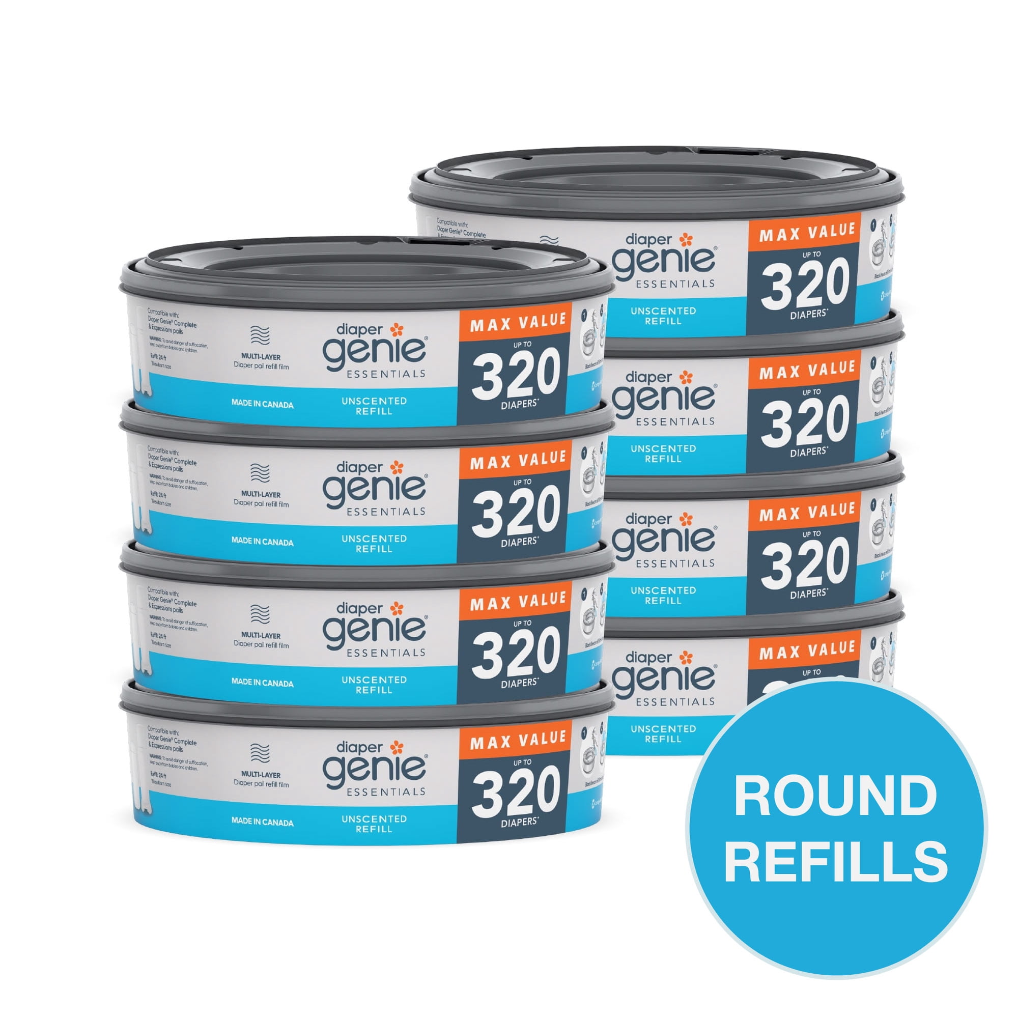 Diaper Genie Essentials Round Refills, Unscented, Holds up to 2560 Newborn Diapers, 8 Pack