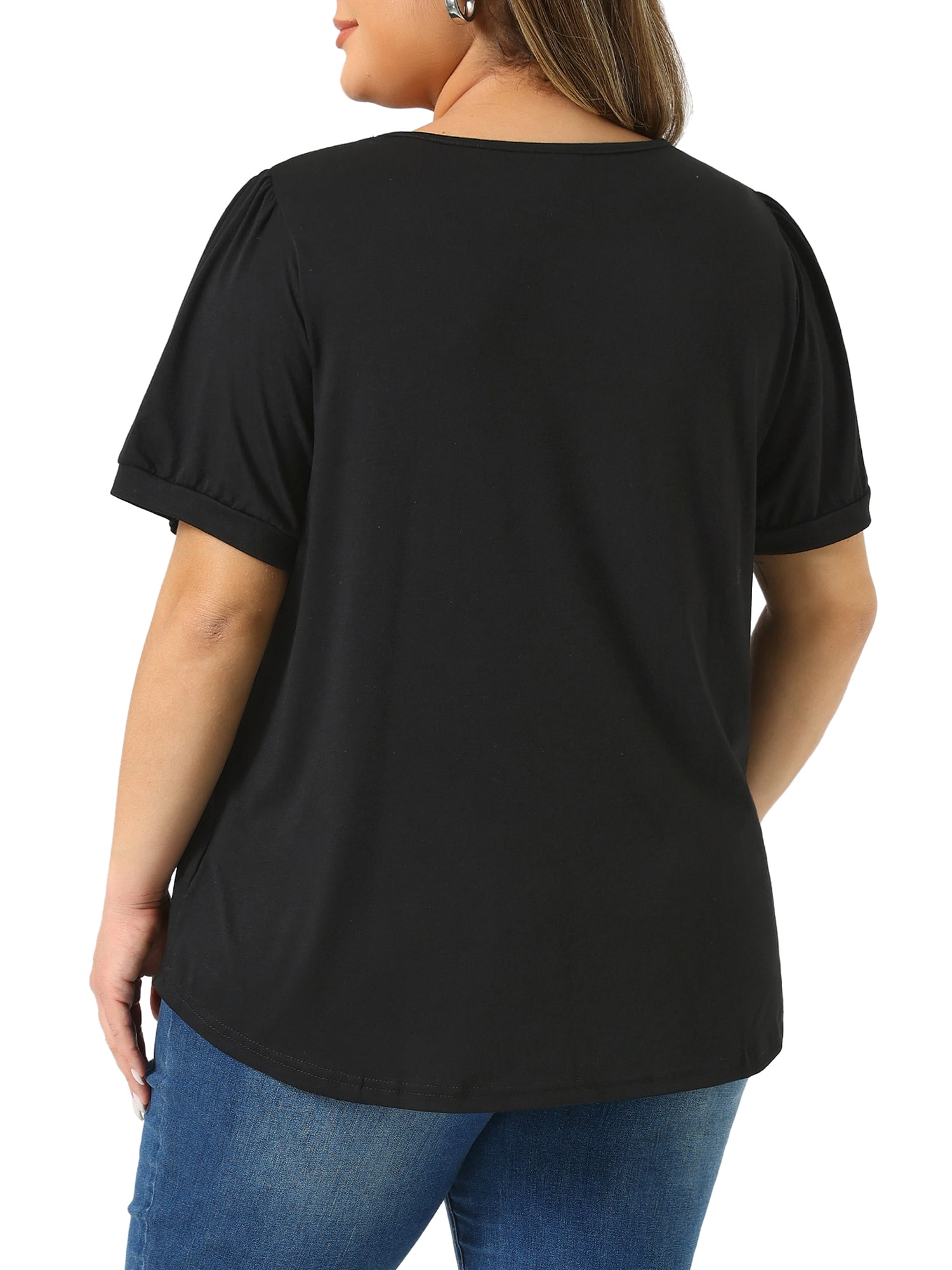 Women's Plus Short Sleeve Crew Neck Pleated Casual Tunic Blouse 2X Black