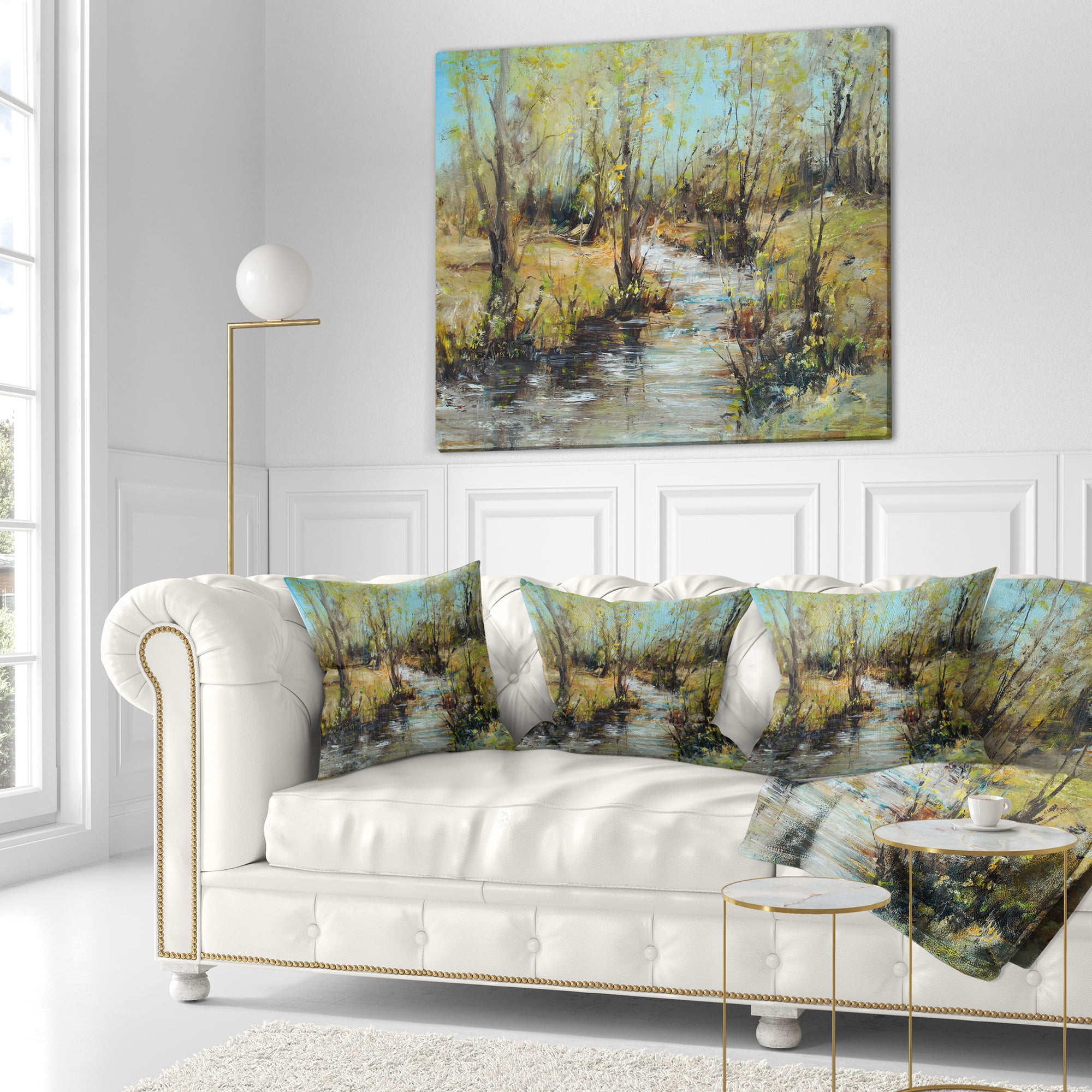 Designart Creek and Woods Oil Painting - Landscape Painting Throw Pillow - 18x18
