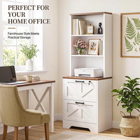 Aheaplus 2-Drawer Lockable Filing Cabinet with Open Shelves, Farmhouse Vertical File Storage for Home Office & Small Spaces,White
