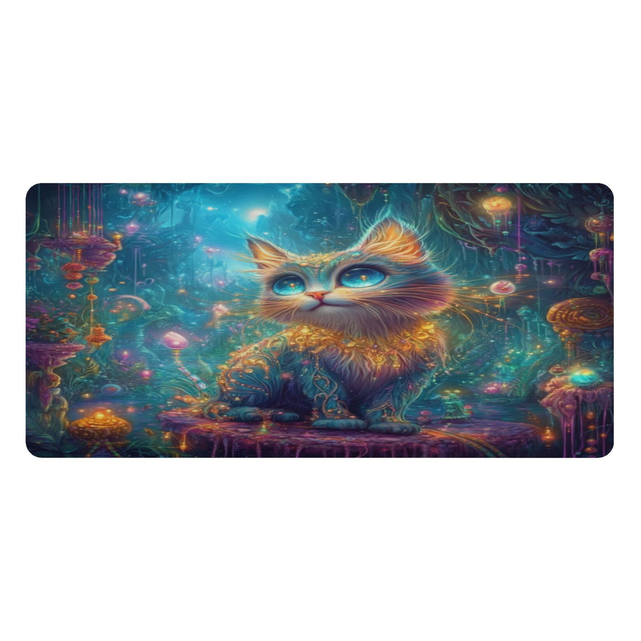 Leather Keyboard and Mouse Desk Mat Office Desk Accessories Protective Office Desk Decor Desk Pad Mat for Gaming, Work from Home, Office Mystical Cat 16.5" x 35.4"