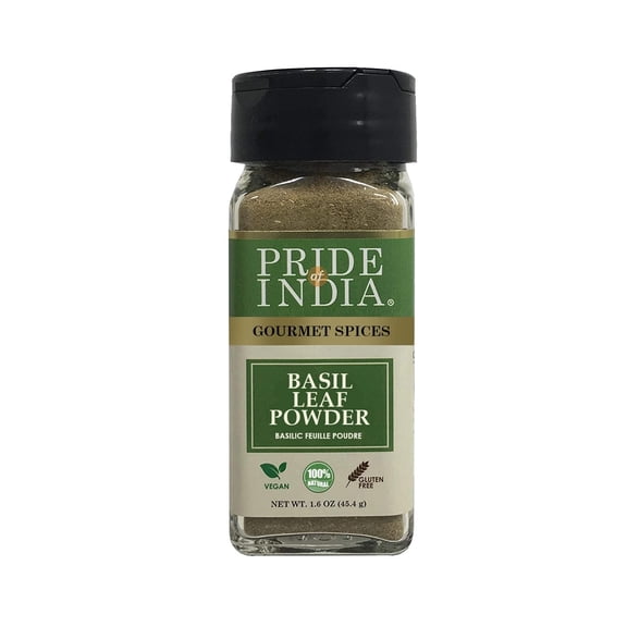 Pride of India Basil Leaf Powder | Dried Basil Culinary Herb | Mediterranean Seasoning for Pesto, Stews & Curries | Tulsi Powder | Easy to Use | Small Dual Sifter Jar 1.6 oz