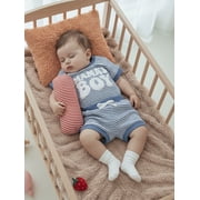 BemeyourBBs Infant Baby Boy Mamas Boy Outfit Newborn Boys Summer Clothes Waffle Knit Stripe Letter Embroidery Short Sleeve Romper Elastic Waist Shorts 2 Piece Set