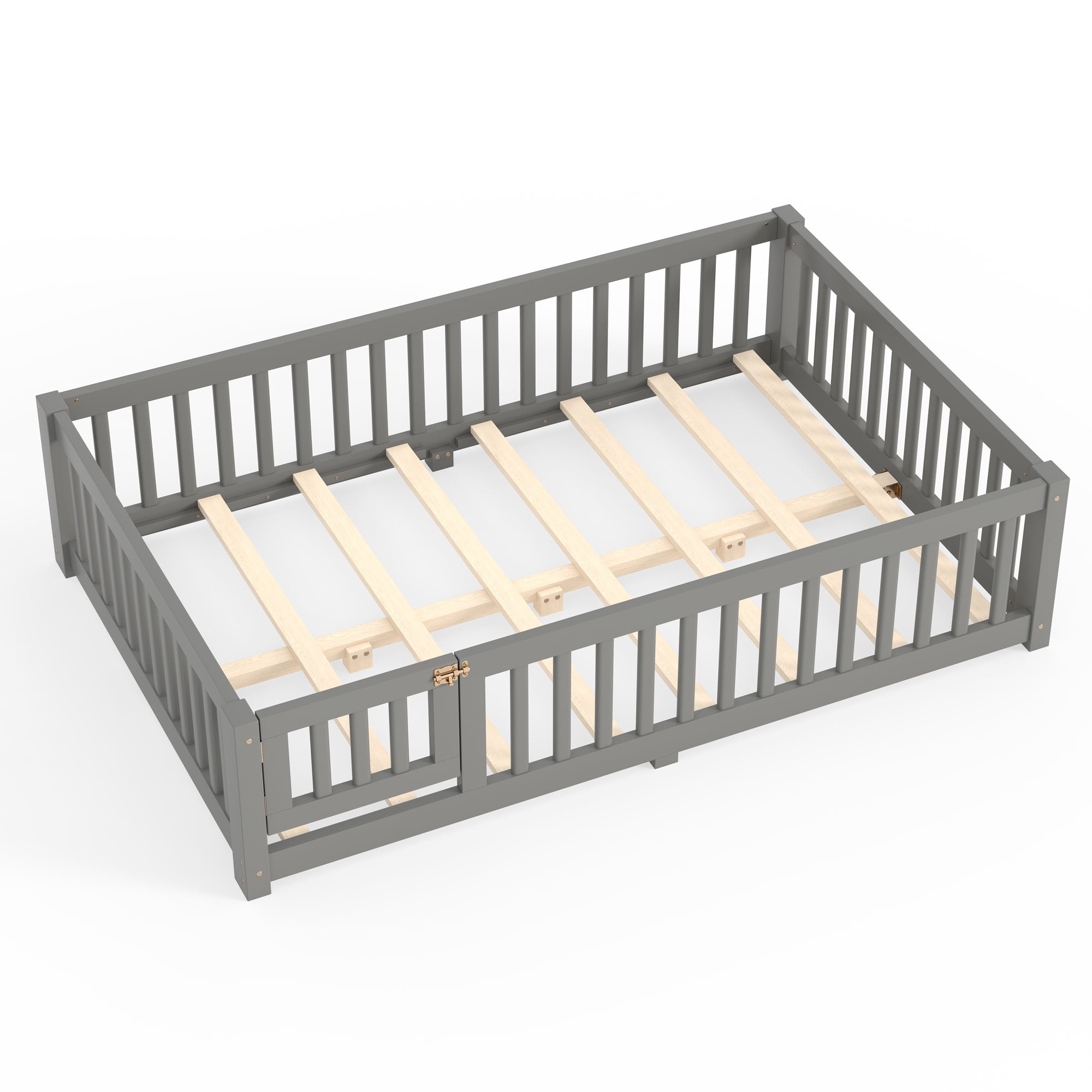 Full Size Kids Floor Bed with Safety Guardrails & Removable Door, Solid Pine Wood Montessori Bed, Gray