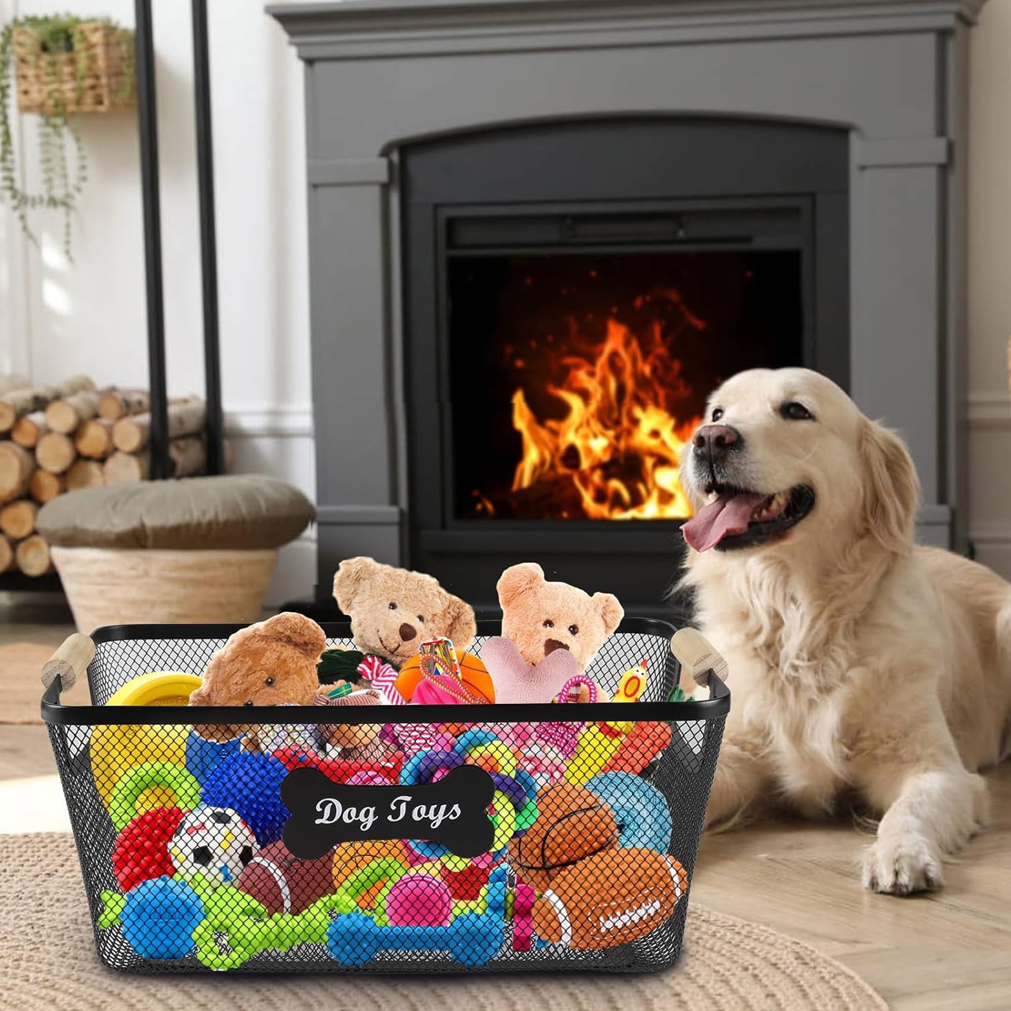Brabtod Dog Toy Basket, Metal Large Storage Basket, Dog Toy Storage Bin for Dog, Dog Toy Organization & Storage, Ideal for Dog Leash, Blanket, Toys, Snacks-Chewproof,Black