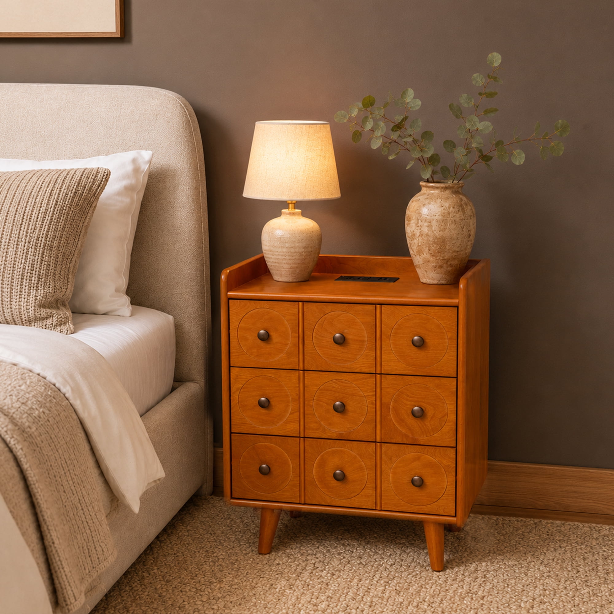 Leumius 3-Drawer End Table with Top Charging Station, 21.65" Length with Outlets and USB Ports, Large Mid Natural Wood Color End Table for Bedroom, Living Room