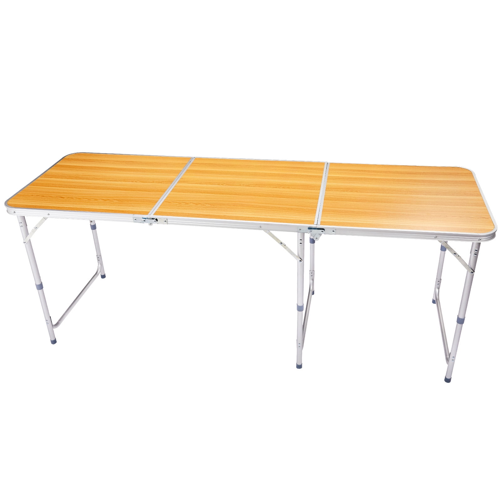 6ft Rectangle 3-Fold Top Outdoor Folding Table, Aluminum Frame, Wood Grain