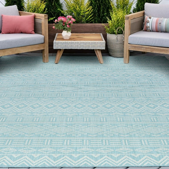 8x10 Water Resistant, Large Indoor Outdoor Rugs for Patios, Front Door Entry, Entryway, Deck, Porch, Balcony | Outside Area Rug for Patio | Aqua, Moroccan | Size: 7'11'' x 10'3''