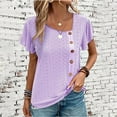 thumbnail image 2 of Otvok Women Summer Tops Casual Solid V-Neck Hollow-Out Slant Neck Single Breasted Sleeve Short Sleeve Blouse, 2 of 6