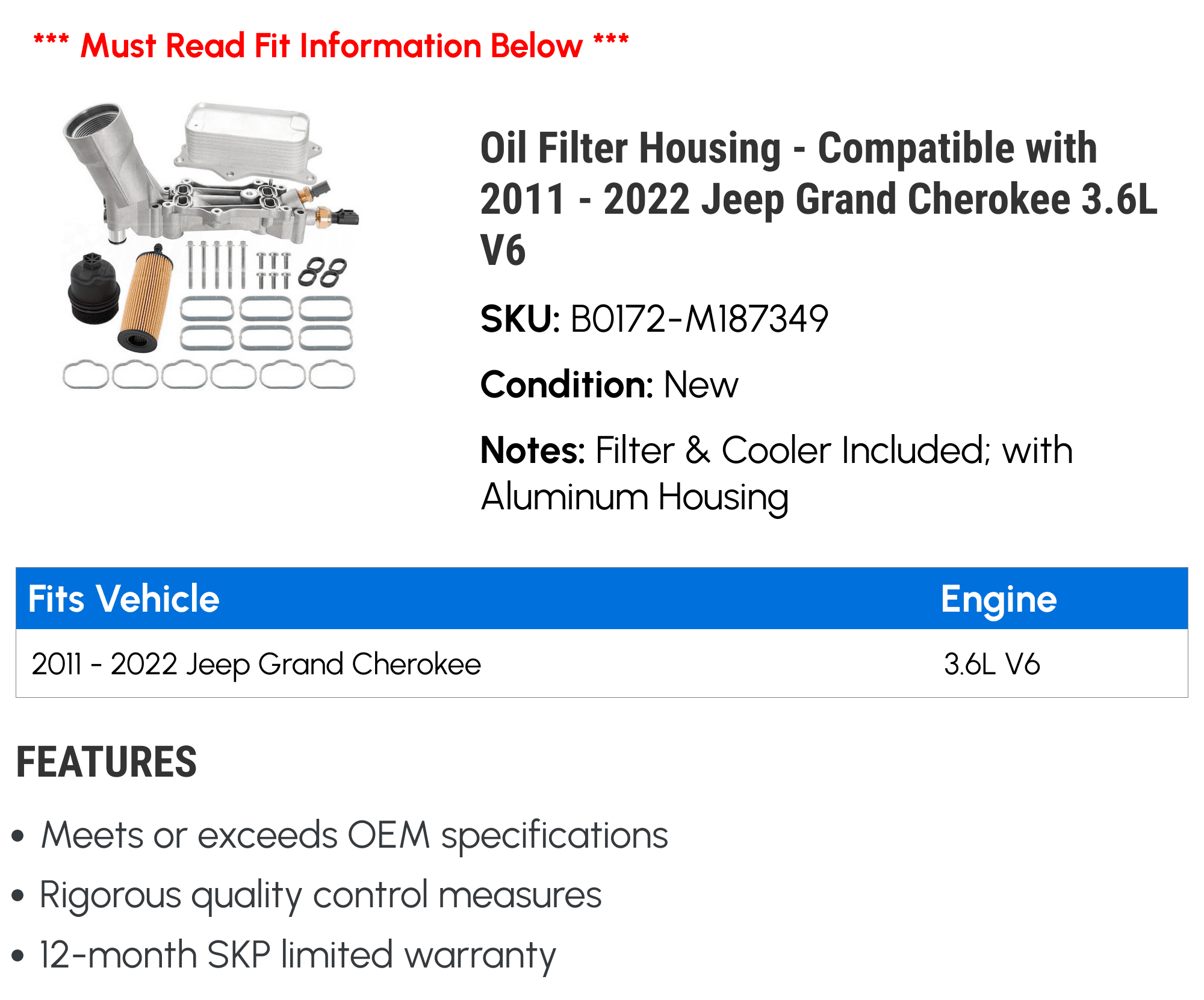 Oil Filter Housing - Compatible with 2011 - 2022 Jeep Grand Cherokee 3.6L V6 2012 2013 2014 2015 2016 2017 2018 2019 2020 2021