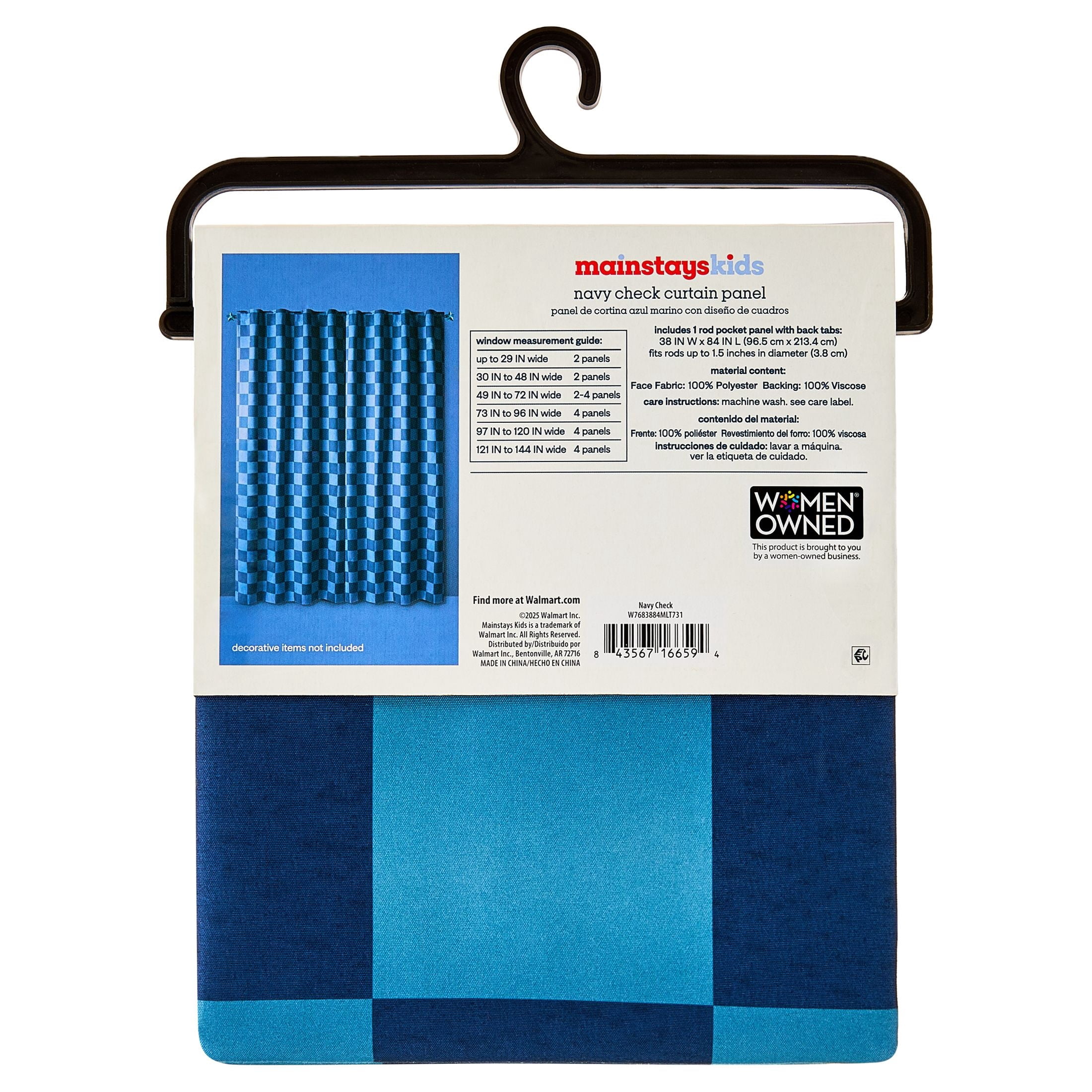 Mainstays Kids Navy Blue Check Printed Blackout Rod Pocket with Back Tabs Single Curtain Panel, Set of 1, 38" W x 84" L