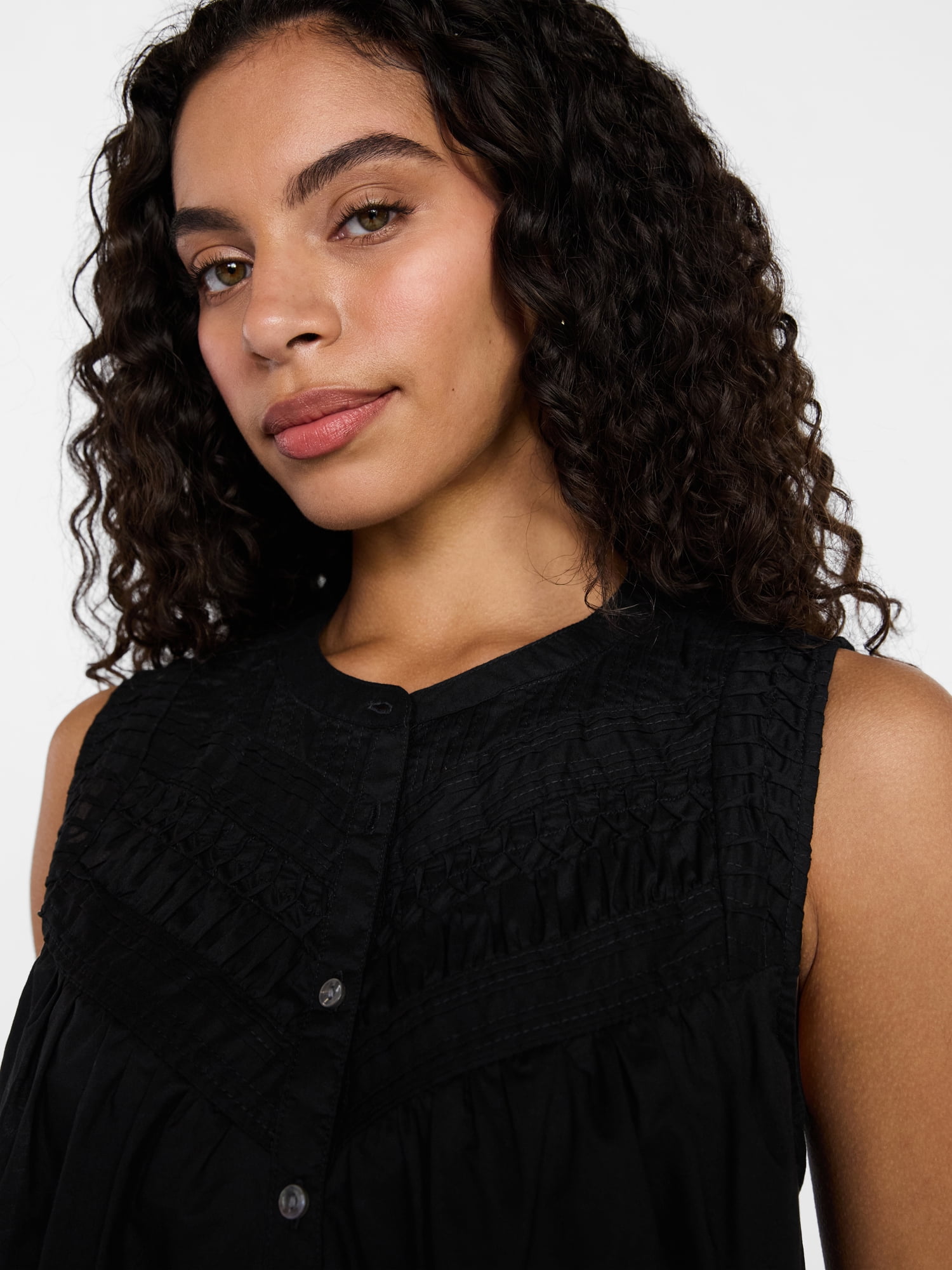 Time and Tru Women's Cotton Sleeveless Pleated Top, Sizes XS-XXXL