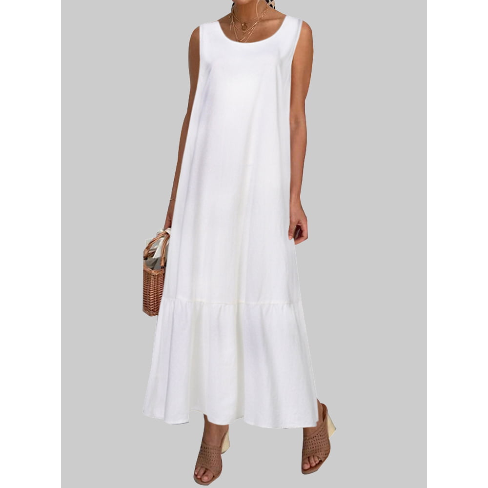 Celmia - Women Dress Sleeveless Round Neck Casual Cotton Loose Dress ...