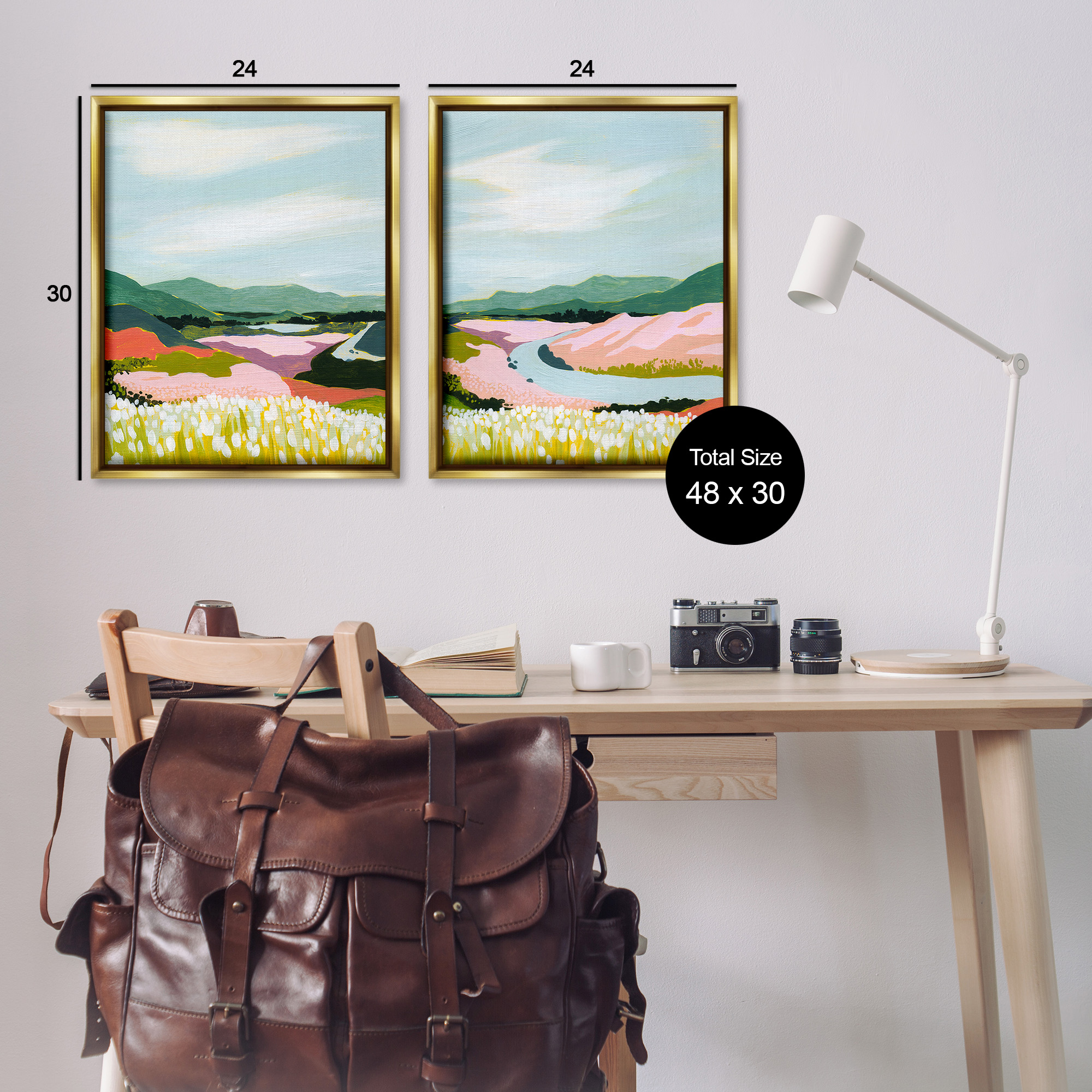Stupell Industries Mountain Valley Meadow Landscape Painting Gold Floater Framed Canvas Art Print Wall Art, 25 x 31, Set of 2