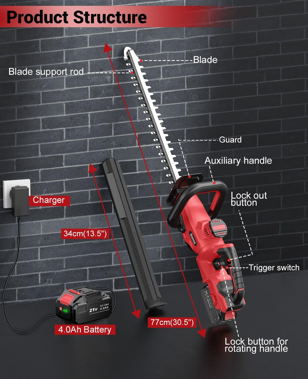 Cordless Hedge Trimmer 21V with 4000mAh Battery, 14 Inch Dual-Action Blades for Hedges and Shrubs