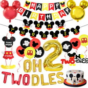Mickey Themed 2nd Birthday Decorations for Boys Oh Twodles Cake Topper Foil Balloons Mickey Welcome Sign Door Hanger for Oh Twodles Birthday Party Supplies