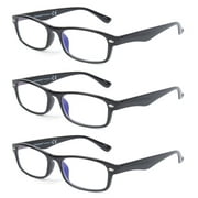 EYE ZOOM 3 Pack Blue Light Blocking Reading glasses Rectangular Plastic Anti Blue Ray and UV Readers, Black,  2.00