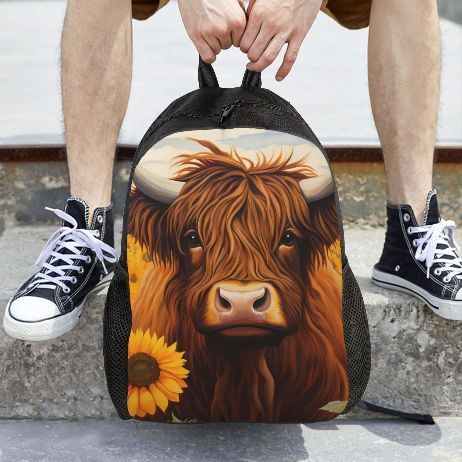 Xecao Countryside Sunflower Cow Print School Backpack with Laptop Compartment Small Travel Laptop Backpack for Women Men Waterproof College Backpack Simple School Bag