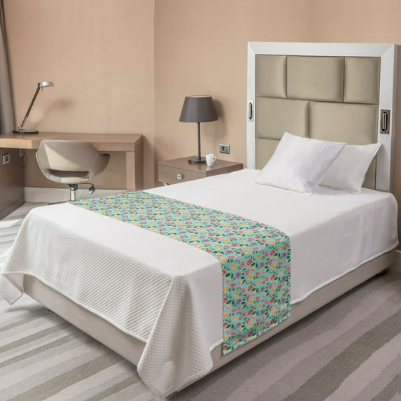 Floral Bed Runner, Pansy Spring Flower Repetition Botanical Art in Nature Summer Tones, Decorative Accent Bedding Scarf for Hotels Homes and Guestrooms, Twin, Mint Green Multicolor, by Ambesonne