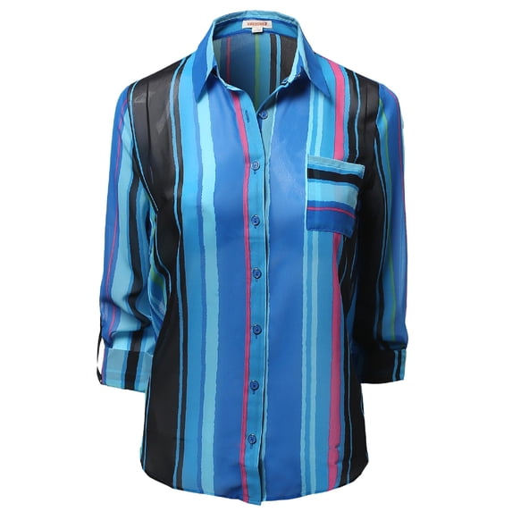 FashionOutfit Women's Roll Up Stripe Pattern Button Down Shirt Blouses