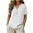 thumbnail image 3 of Fashion Plus Size Shirts for Womens Cotton And Linen Spring And Summer Imitation V-neck Short-sleeved Button-pocket Solid Color Top, 3 of 8