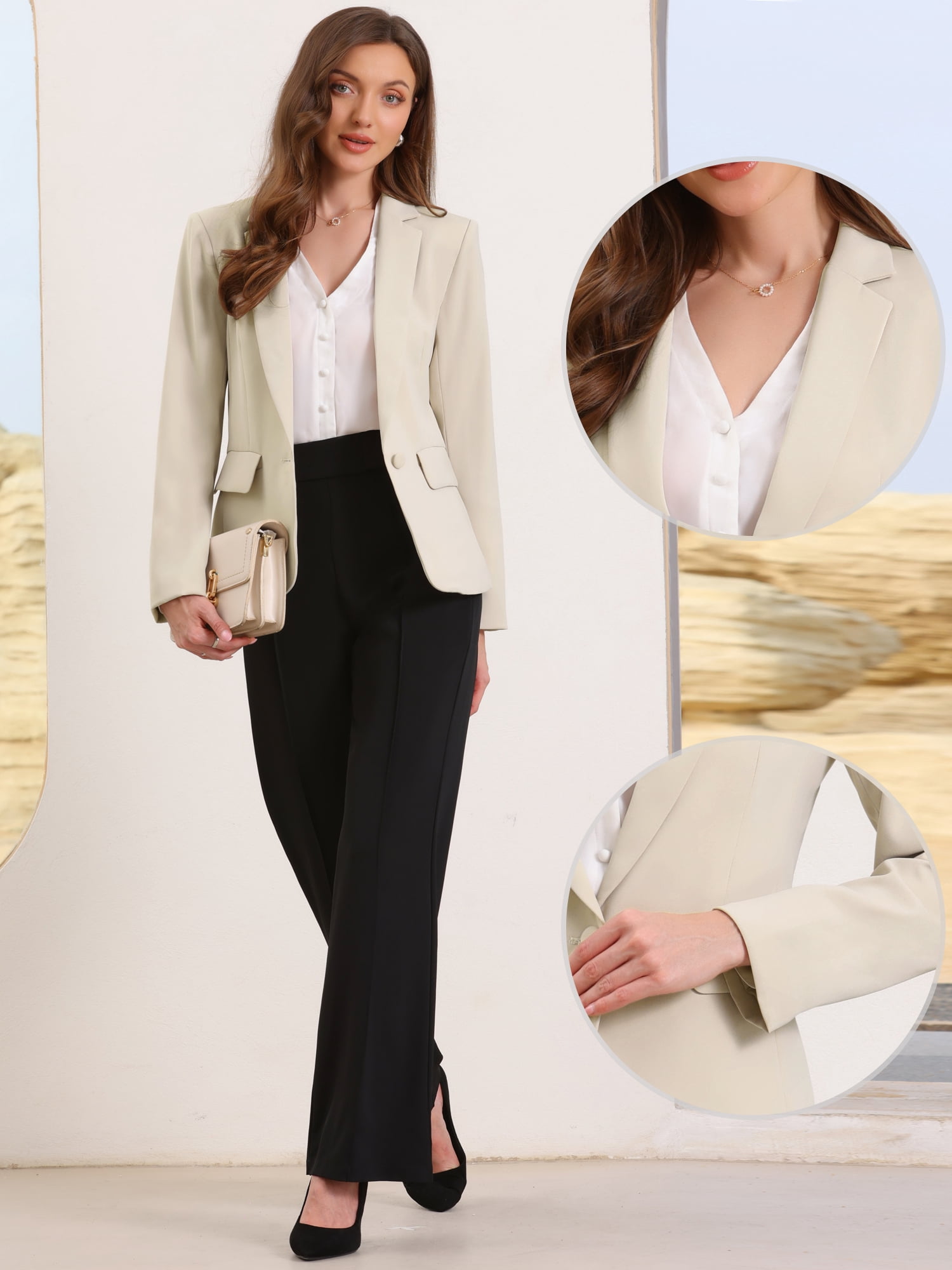 DARING DIVA Women's Casual Long Sleeve One Button Pockets Suit Jacket S Khaki