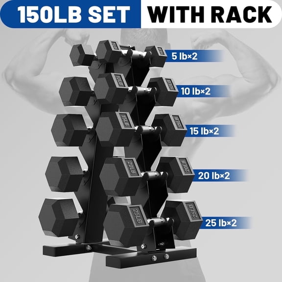 150 lb Dumbbell Set with Rack, Rubber Encased Hex Free Weights for Home Gym Strength Training