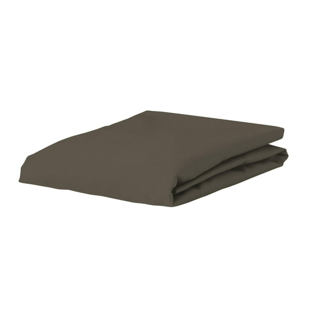 Folded Johnson Home 300 thread count cotton fitted sheet in dark brown color.
