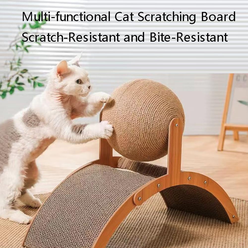 Cat Scratching Ball on Stand - Solid Wood Interactive Cat Scratcher with 360° Rotating Natural Sisal Ball, 2-in-1 Wooden Durable Paw Grinding Toy, for Indoor Cats Kittens (Small)