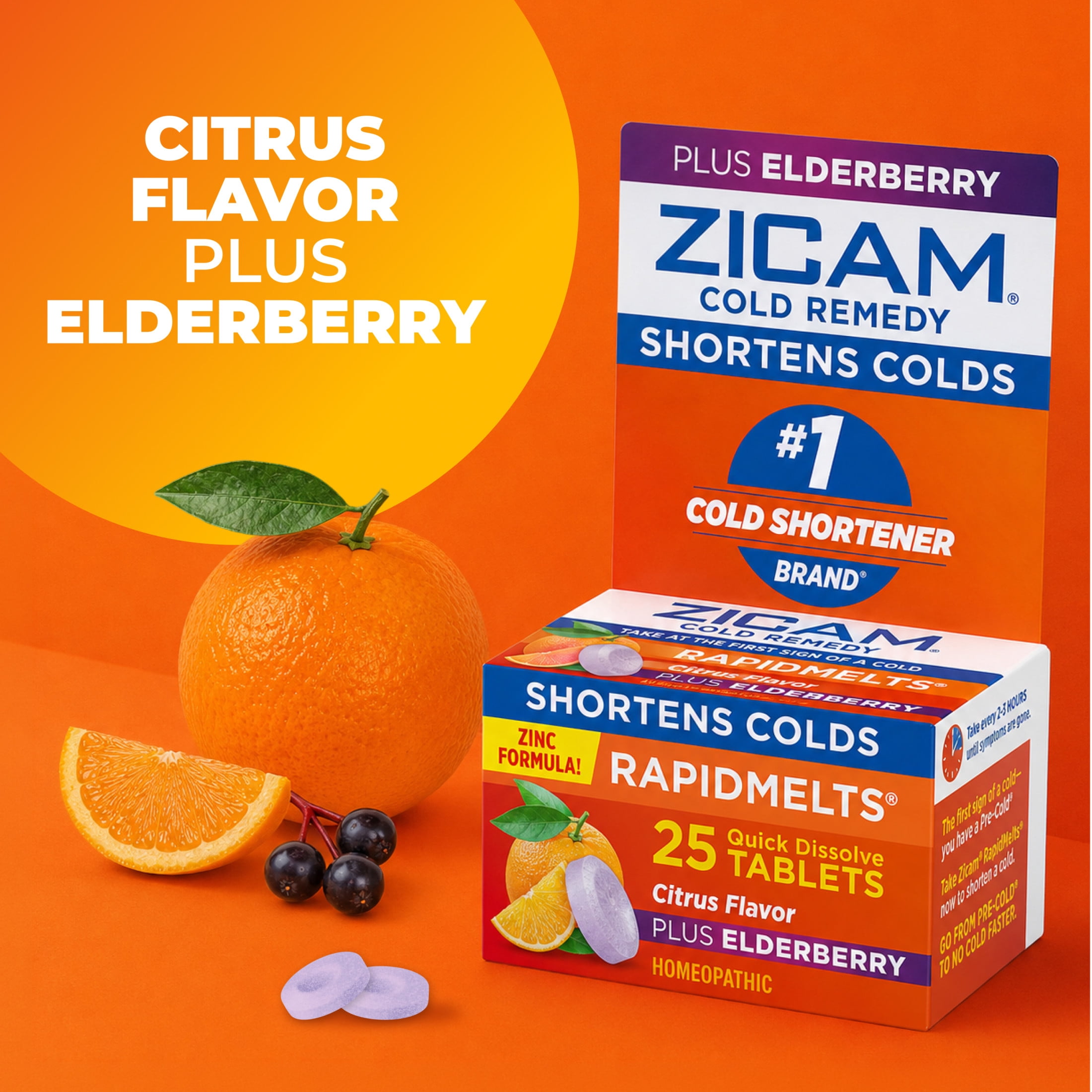 (4 pack) Zicam Cold Remedy Zinc RapidMelts, Elderberry Citrus, Homeopathic Cold Shortening Medicine, 25 Count