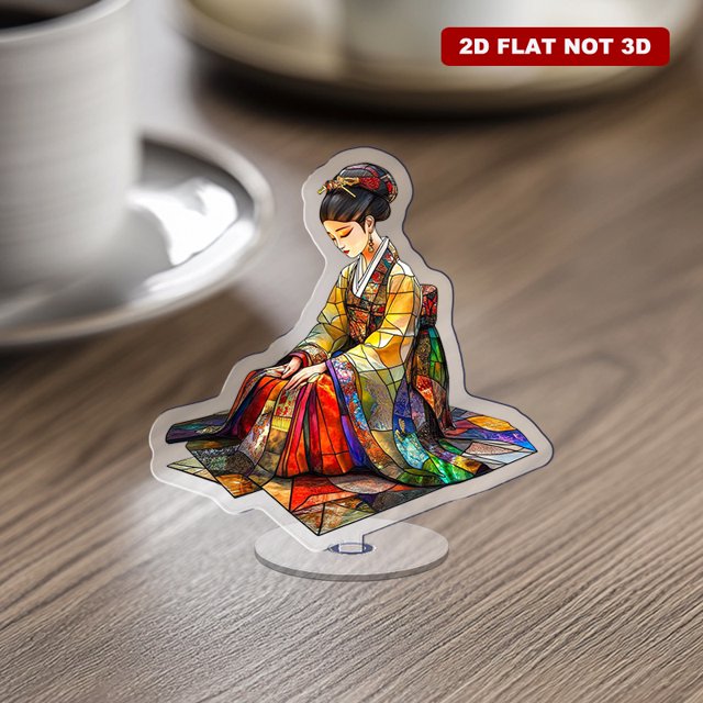 Rotating acrylic ornament featuring a vibrant woman in a hanbok kneeling on a carpet with intricate detail and high contrast