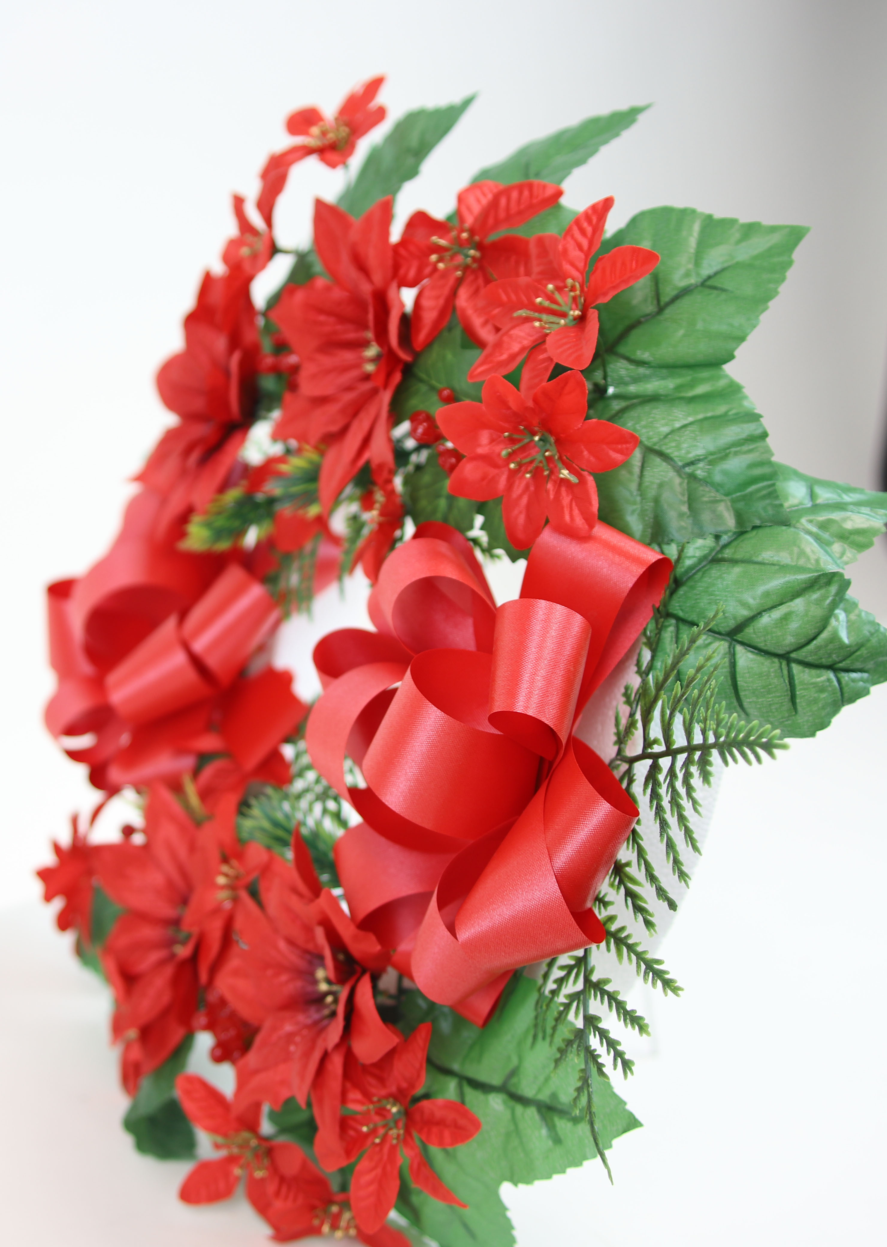Bloom Decor 15" Artificial Memorial Christmas Poinsettia & Pine Cemetery Wreath
