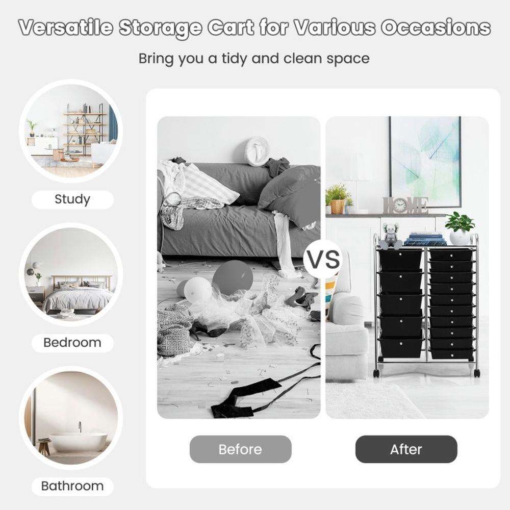 Demi Bonn 15-Drawer Utility Rolling Organizer Cart Multi-Use Storage with 4 Universal Casters, Black