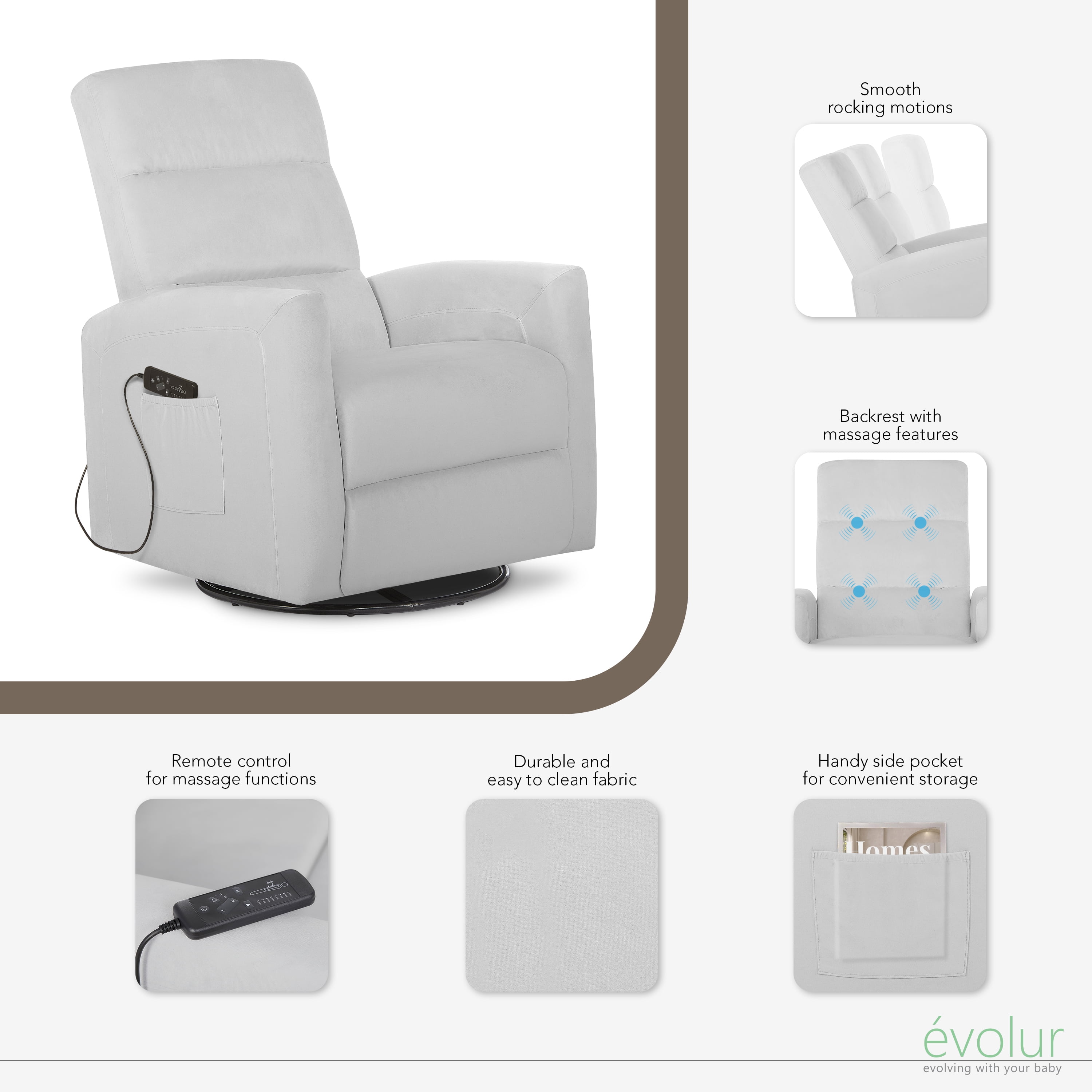 Evolur Reevo Upholstered Faux Leather Seating Glider Swivel, Rocker, Massager, Glider Chair For Modern Nursery, Misty Grey, Tool-Free Assembly, Easy to Clean, Environmentally Conscious Rocker