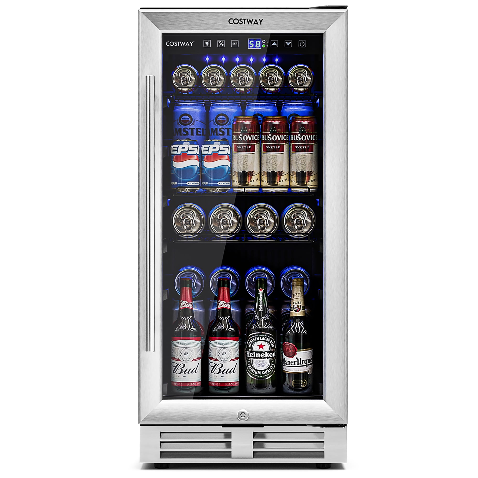 Costway 15 Inch Beverage Refrigerator, Built-in Beverage Cooler w/ Double-Layer Tempered Glass Door