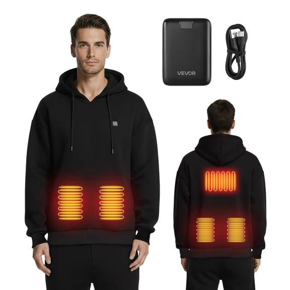VEVOR Heated Sweatshirt Hoodie for Men Women, Heated Jacket Unisex with 7.4V 16000mAh Rechargeable Power Bank Pack, 5 Heating Zones, 3 Temp Levels, 4-8H Warmth, for Winter Outdoor Camping, Black
