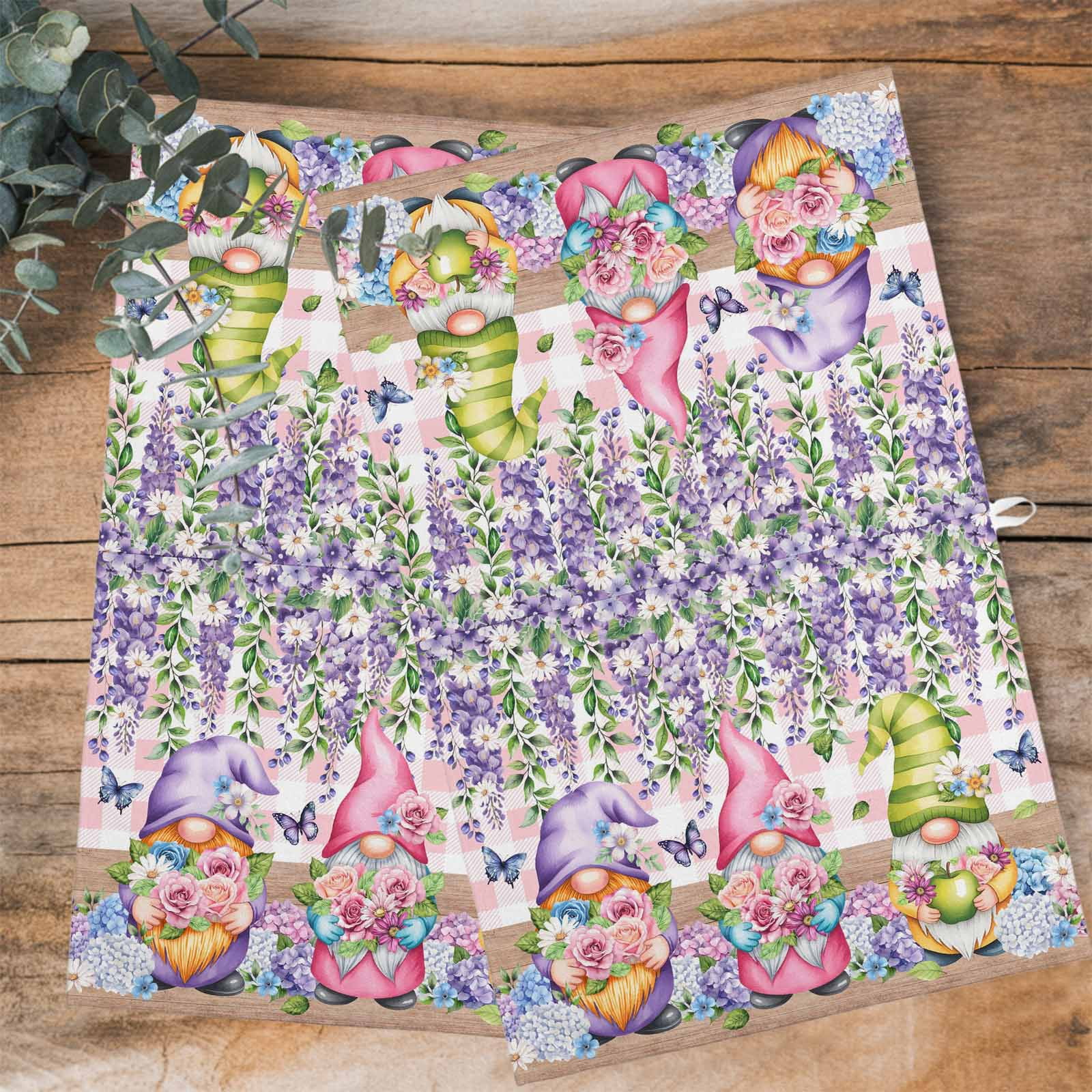 Blue Purple Gnomes Kitchen Towels Set of 3, Water Absorbent Dish Towel, Spring Hydrangea Flower Leaf Pink Plaid Decorative Hand Towels - Quick Drying Cloth for Cooking Baking, 18x28 Inch