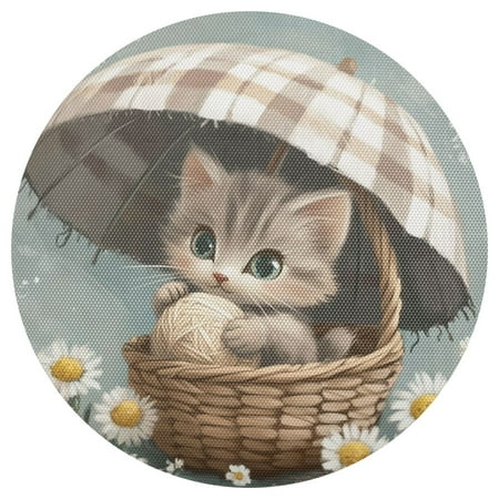 

Cute Kitten Holding An Umbrella 4-Piece 15.4in Heat-Proof PVC Plate Mats Easy Cut and Clean for Family Use