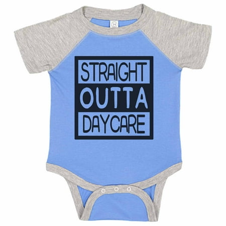Kids Funny Baseball Onesie “Straight Outta Daycare" Rap Music - NWA Threadz, 6-12 months, Blue & Grey Short Sleeve
