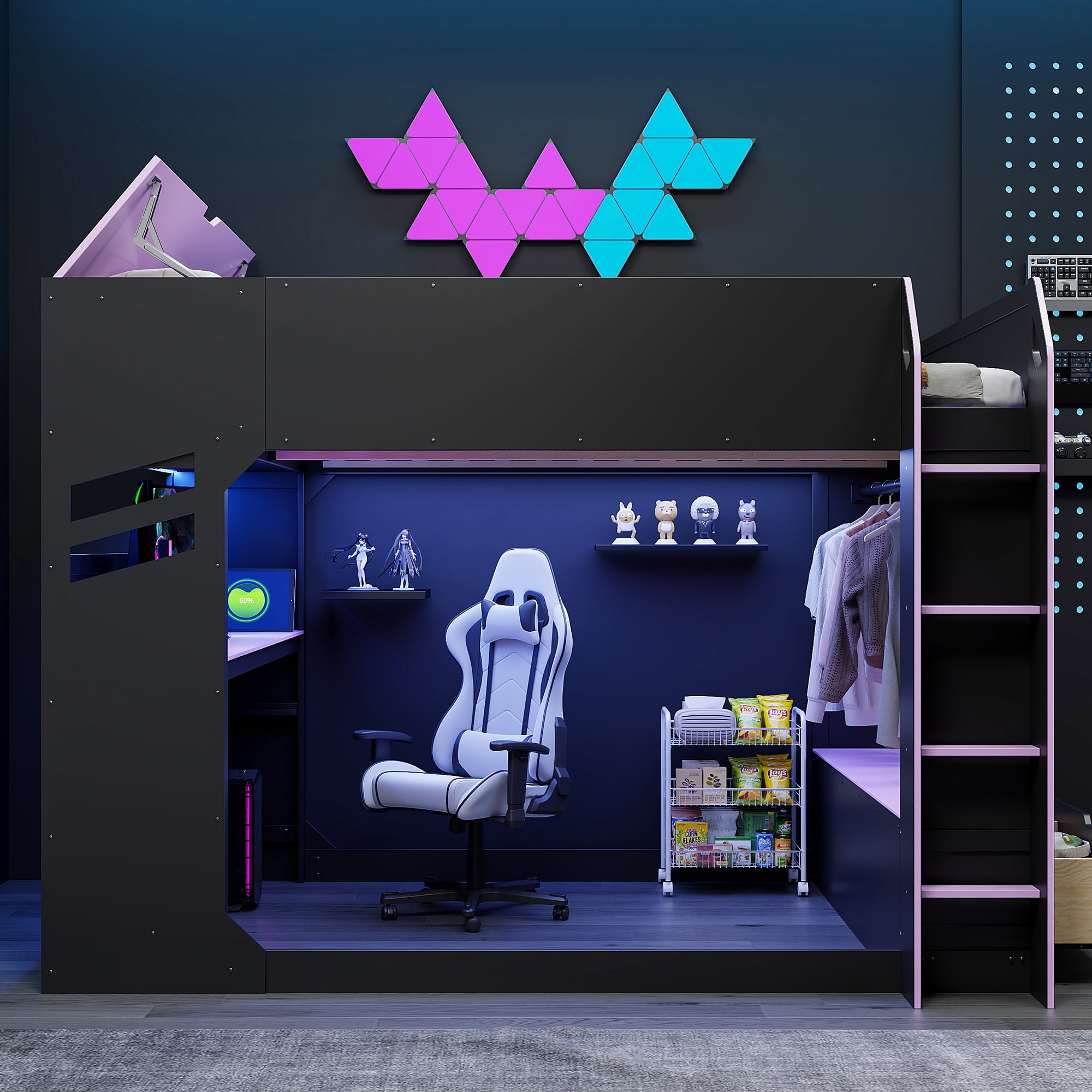Mintazer Full Gaming Loft Bed with Adjustable Desk & RGB LED Light, Multifunctional Loft Bed with Storage Drawers & Clothing Hanging Rod, Black & Purple