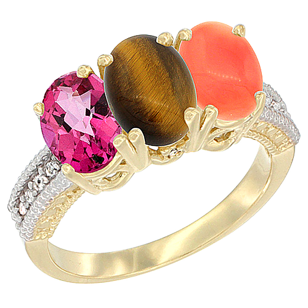 14K Yellow Gold Natural Pink Topaz, Tiger Eye & Coral Ring 3-Stone 7x5 mm Oval Diamond Accent, sizes 5 10 by WorldJewels